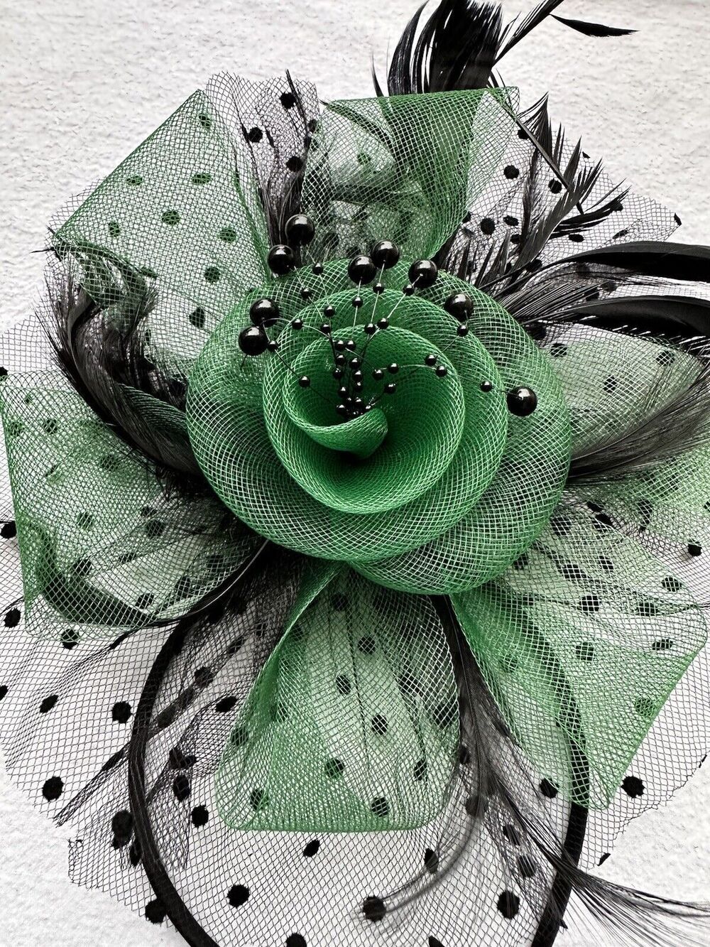 Green/Black Feather Mesh Fascinator Hat Clip/Band Wedding Tea Cocktail Party